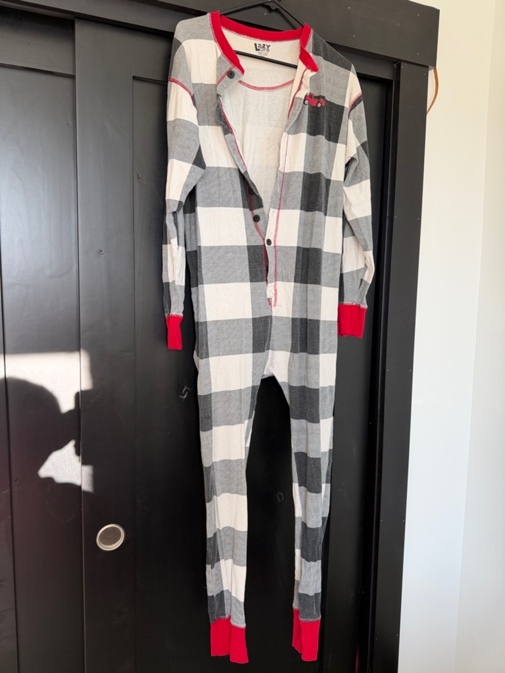 Lazy One Kids Black & White Buffalo Plaid One-Piece with Red Trim